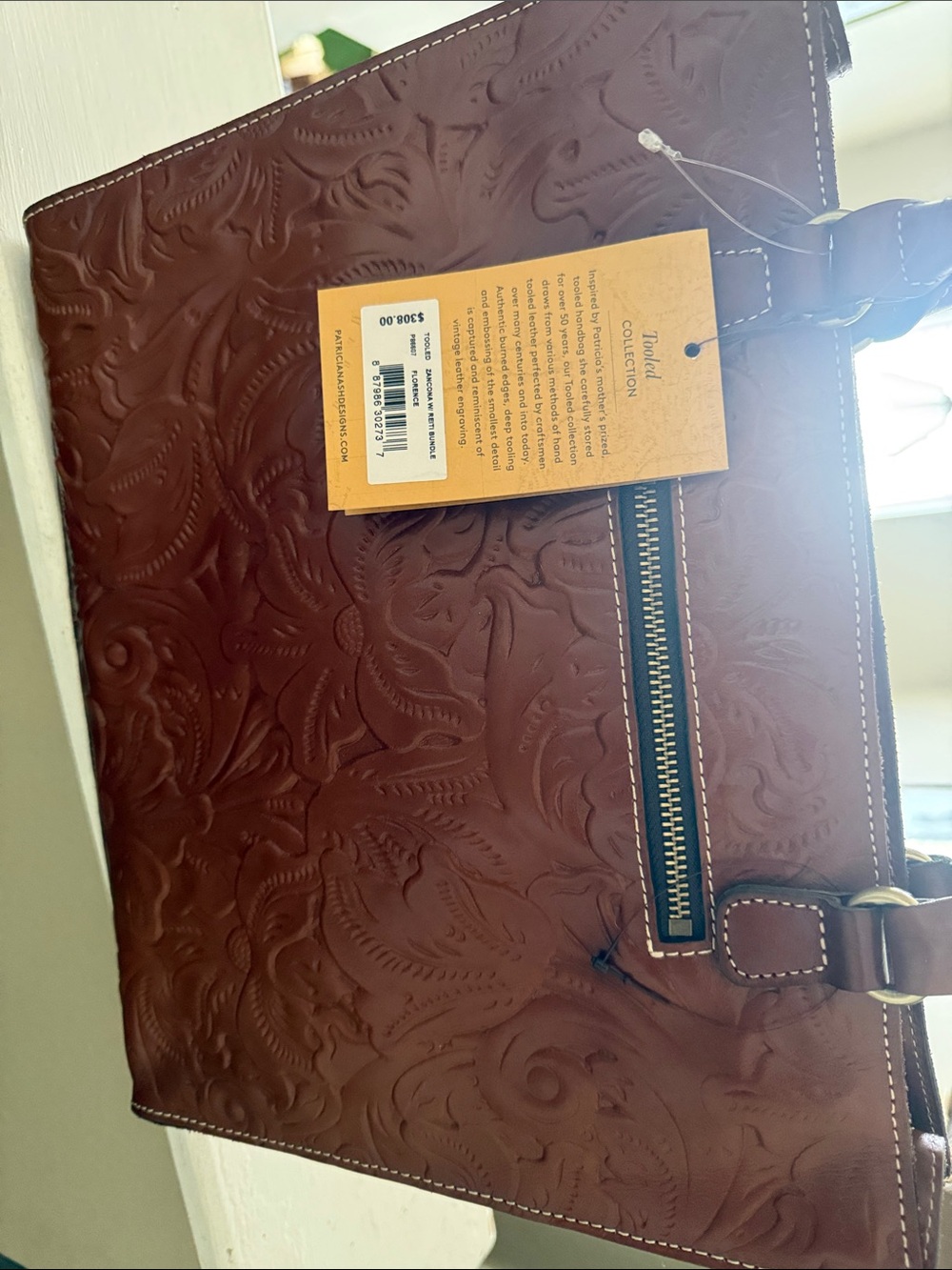 Embossed Brown Leather Tote with Front Zip